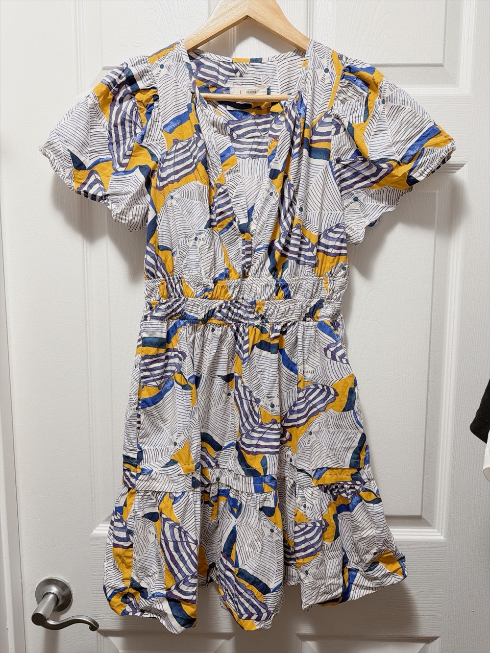 Anthropologies Printed Short Sleeve Tiered Dress in Mustard and Blue